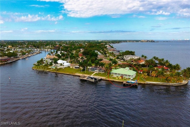 drone / aerial view featuring a water view