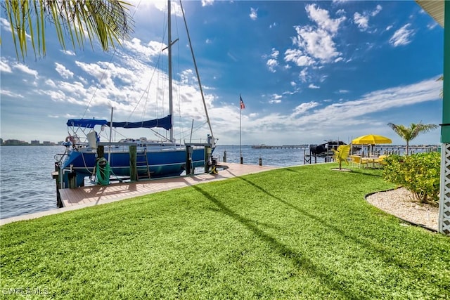 dock area with a yard and a water view