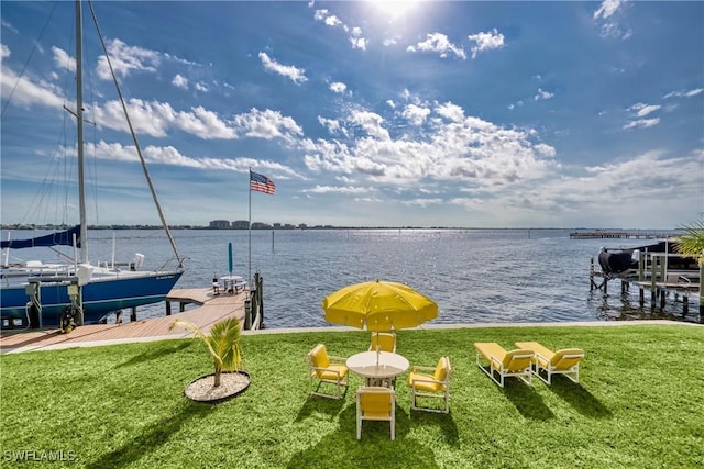 view of dock featuring a lawn and a water view