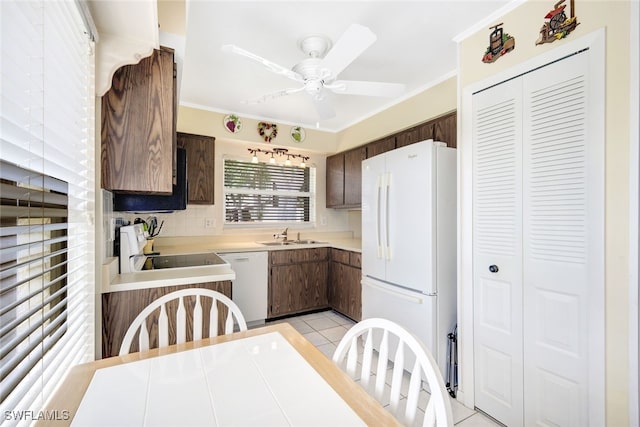 kitchen featuring white appliances, tasteful backsplash, dark brown cabinetry, and ornamental molding