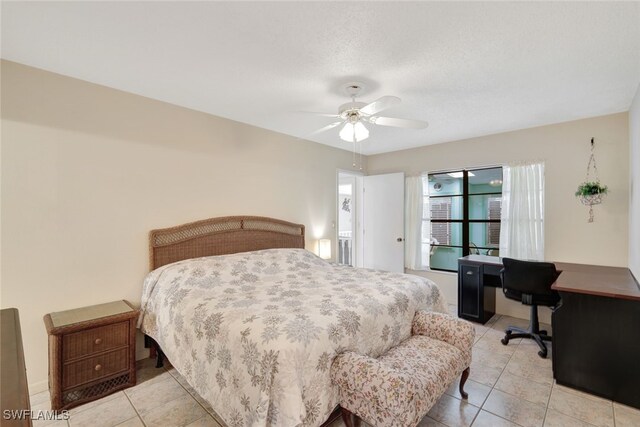 bedroom featuring ceiling fan and light tile patterned floors