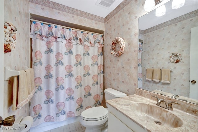 1204 SE 6th Ter Unit 67, Cape Coral, FL 33990 - bathroom featuring wallpapered walls, vanity, toilet, a shower with shower curtain, and tile patterned floors