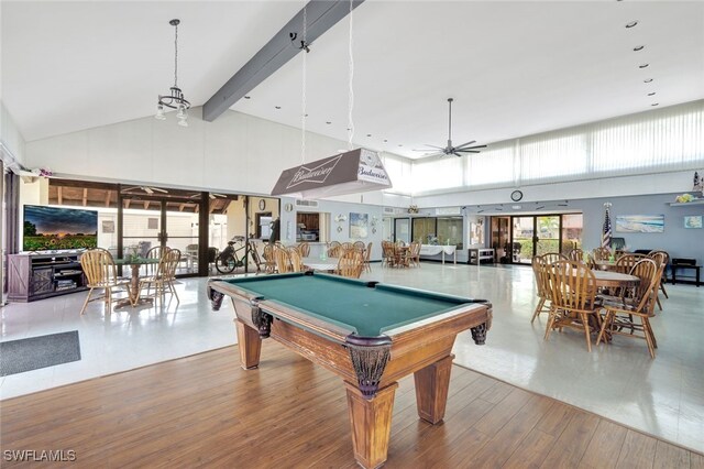 1204 SE 6th Ter Unit 67, Cape Coral, FL 33990 - playroom with high vaulted ceiling, billiards, beamed ceiling, a ceiling fan, and wood finished floors