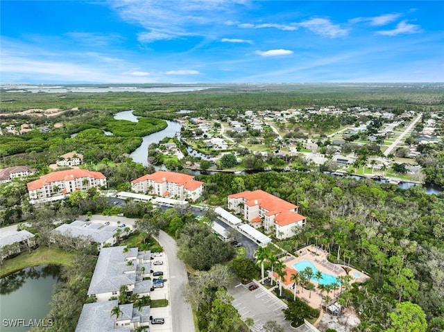 bird's eye view with a water view