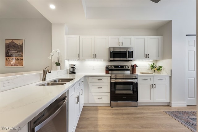 kitchen featuring light wood-style floors, tasteful backsplash, stainless steel appliances, and a sink