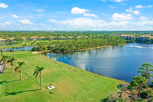 birds eye view of property featuring a water view