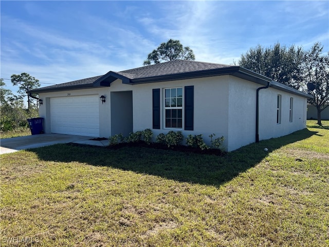 ranch-style home with a front lawn and a garage