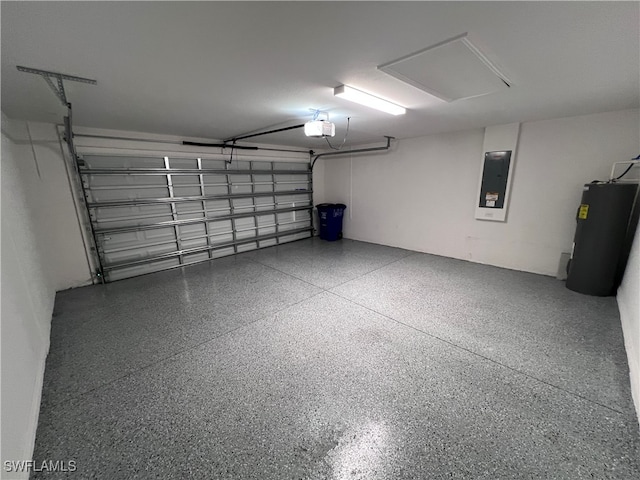 garage with electric panel, water heater, and a garage door opener