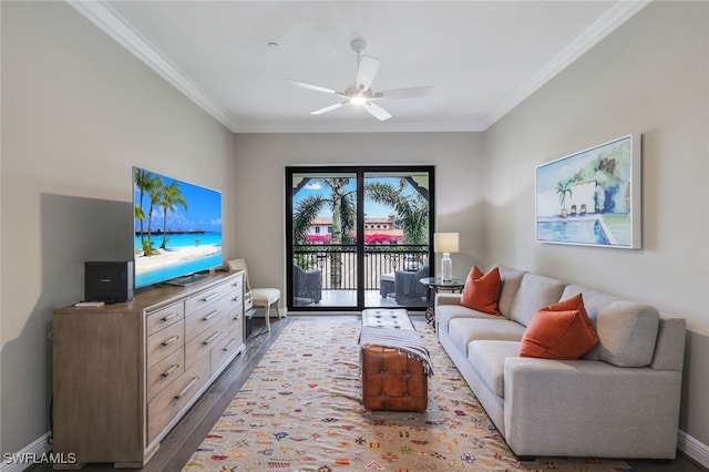 living room with ceiling fan, light hardwood / wood-style floors, and ornamental molding