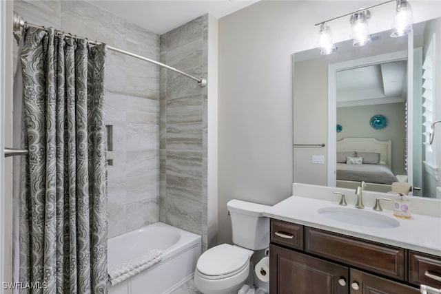 full bathroom featuring shower / bath combination with curtain, toilet, ornamental molding, and vanity