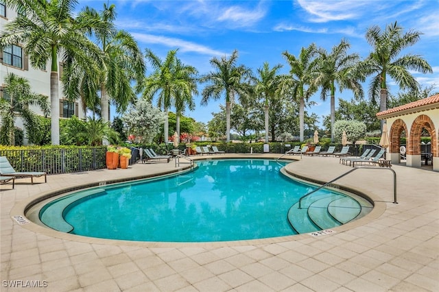 view of swimming pool with a patio