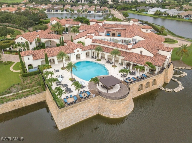 drone / aerial view featuring a water view