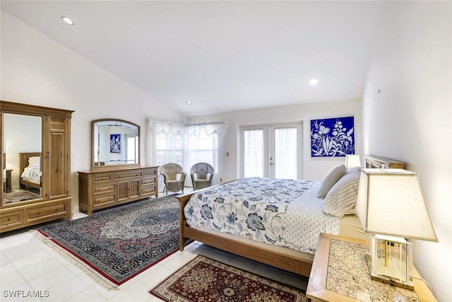 bedroom with french doors and vaulted ceiling