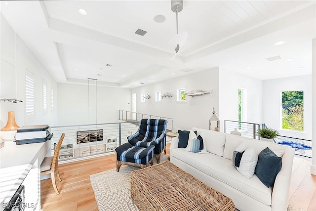 living room with light hardwood / wood-style floors and a raised ceiling