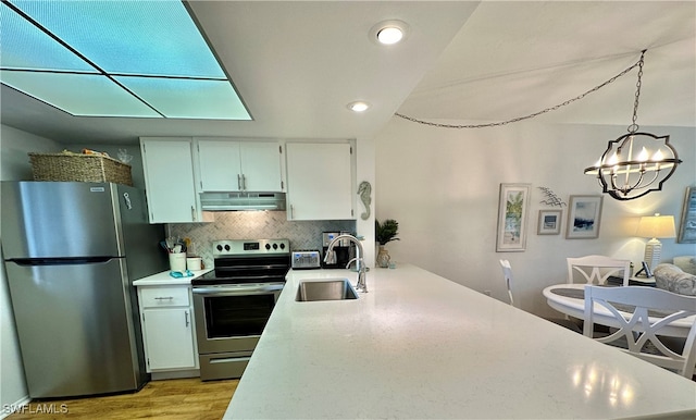 kitchen with sink, appliances with stainless steel finishes, tasteful backsplash, decorative light fixtures, and white cabinetry