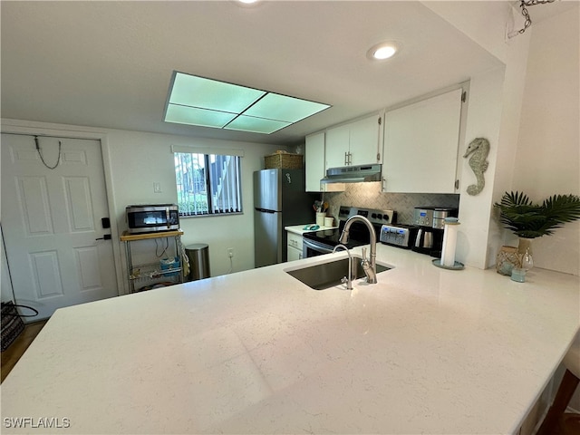 kitchen featuring kitchen peninsula, sink, appliances with stainless steel finishes, tasteful backsplash, and white cabinetry