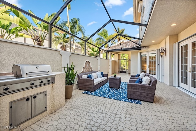 view of patio featuring area for grilling, a lanai, an outdoor hangout area, and french doors