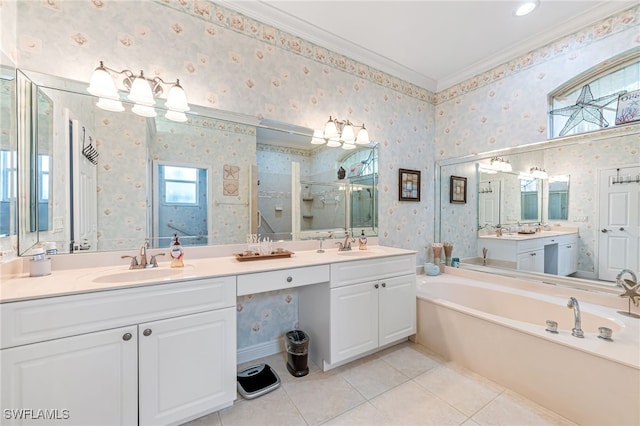 bathroom with tile patterned floors, crown molding, vanity, and separate shower and tub