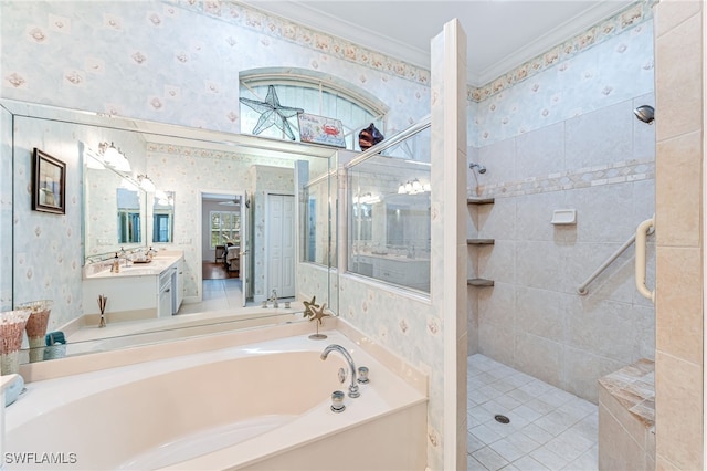 bathroom with crown molding, vanity, and independent shower and bath