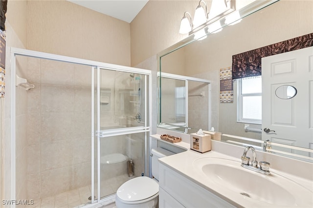 bathroom featuring vanity, toilet, and a shower with shower door