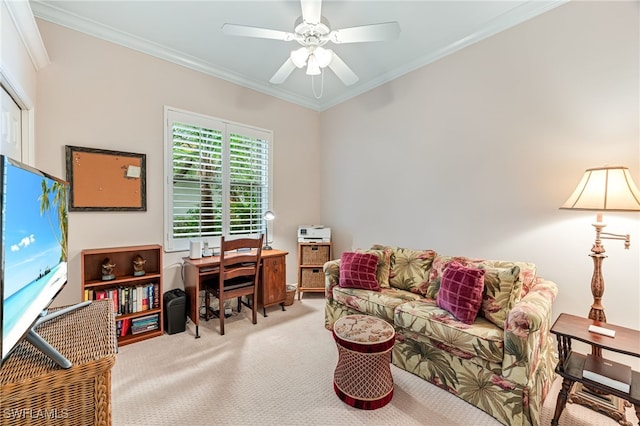 carpeted office space with crown molding and ceiling fan