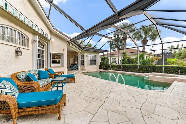 view of pool featuring an in ground hot tub, an outdoor hangout area, glass enclosure, and a patio