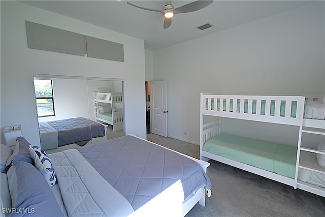 bedroom featuring carpet flooring, a closet, and ceiling fan