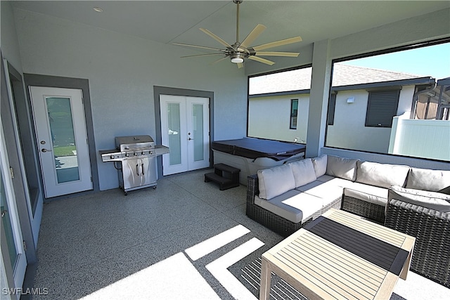 view of patio featuring french doors, an outdoor hangout area, and grilling area