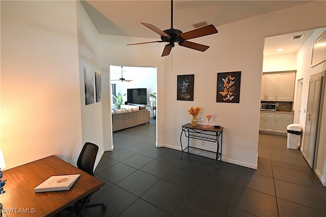 tiled office space with high vaulted ceiling