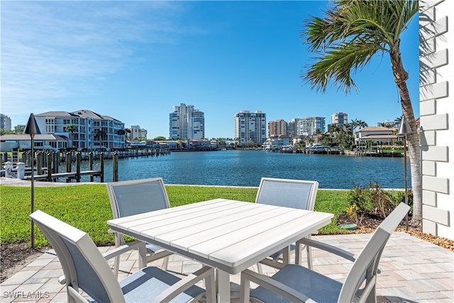 view of patio / terrace with a water view