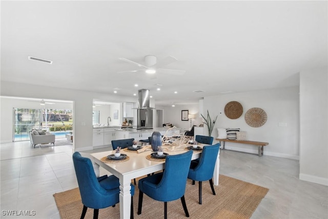 dining area with ceiling fan, recessed lighting, visible vents, and baseboards