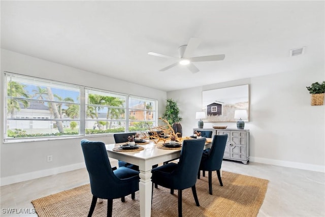 dining area with a ceiling fan, visible vents, and baseboards