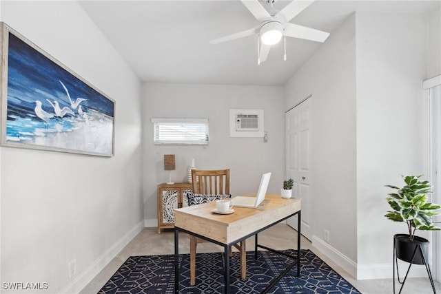 office space with ceiling fan, a wall mounted AC, and baseboards