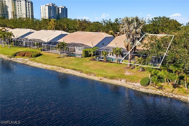 bird's eye view with a water view