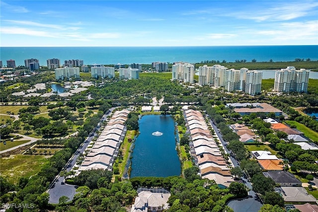 birds eye view of property featuring a water view