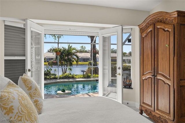 entryway with a water view