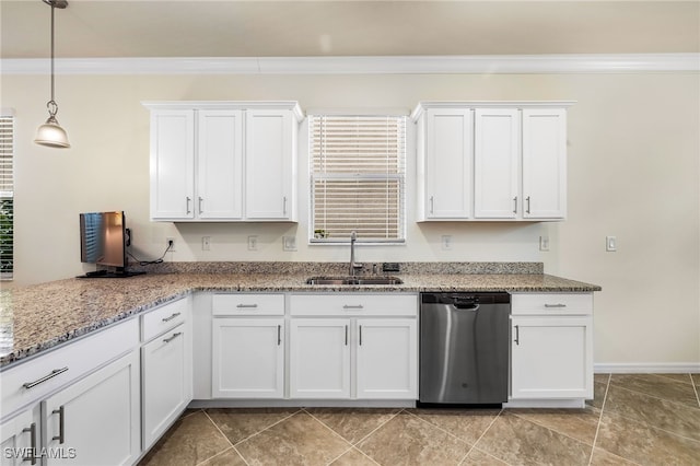 kitchen with sink, white cabinetry, stainless steel dishwasher, and light stone countertops