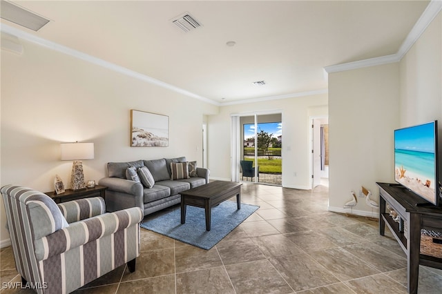 living room with crown molding