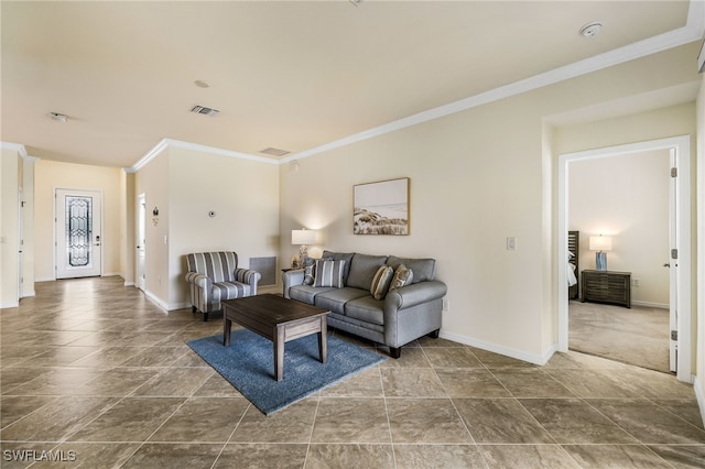 living room with ornamental molding