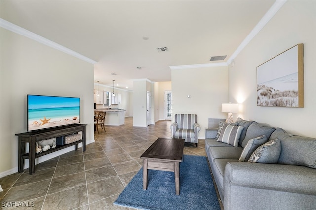 living room with ornamental molding