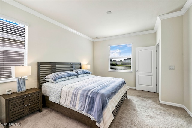 bedroom with crown molding and carpet flooring