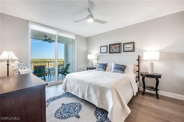 bedroom with wood-type flooring, access to exterior, and ceiling fan