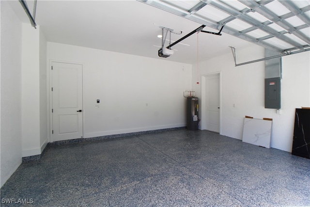 garage with electric panel, a garage door opener, and water heater