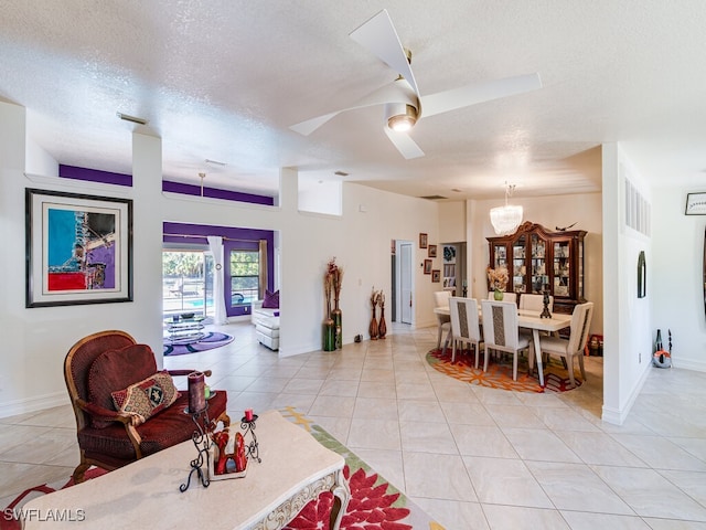 tiled living room with a textured ceiling