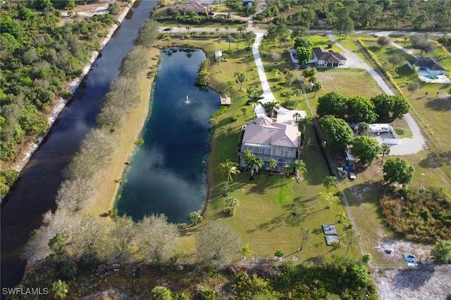 drone / aerial view featuring a water view