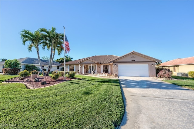 ranch-style house with a front lawn and a garage