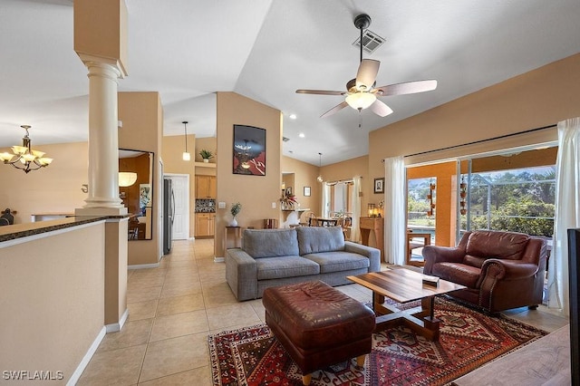 living area with light tile patterned floors, decorative columns, visible vents, a ceiling fan, and lofted ceiling