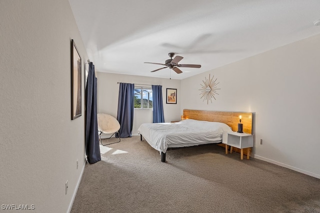 bedroom with ceiling fan and light colored carpet