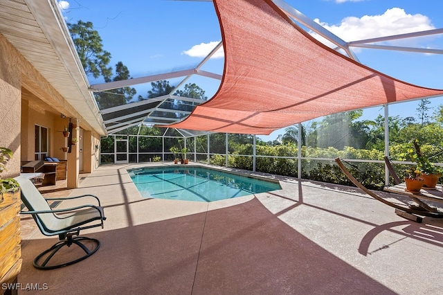 view of swimming pool featuring a patio and a lanai