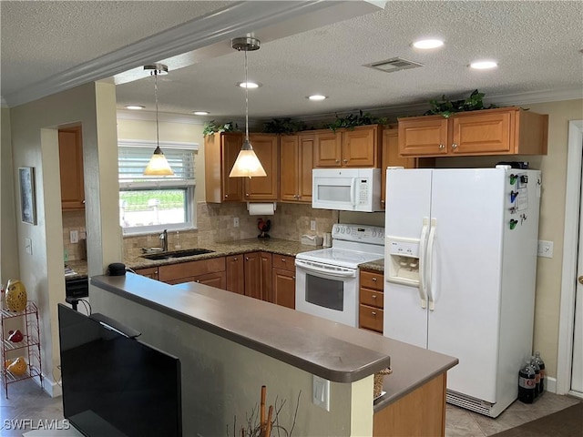 kitchen featuring pendant lighting, white appliances, ornamental molding, and sink